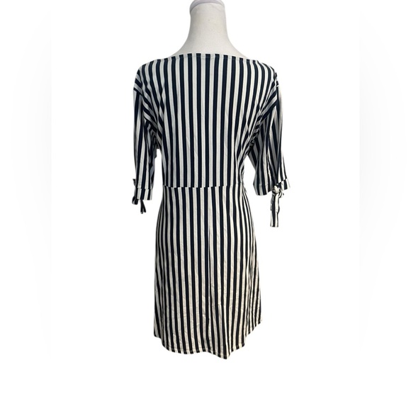 ASOS Size 16 Navy Blue & White Striped Dress Bow Sleeve Mid-Length Casual - Picture 4 of 6